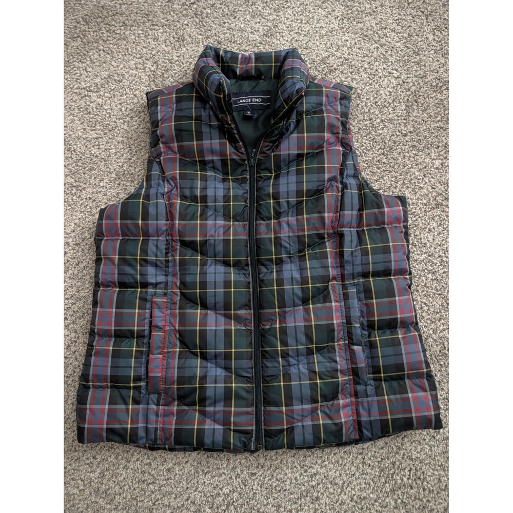 Lands End Womens XL tartan Plaid Full Zip Quilted Vest Sleeveless